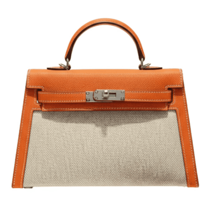 Hermès | Kelly Bag In Orange Leather And A Neutral Canvas Material