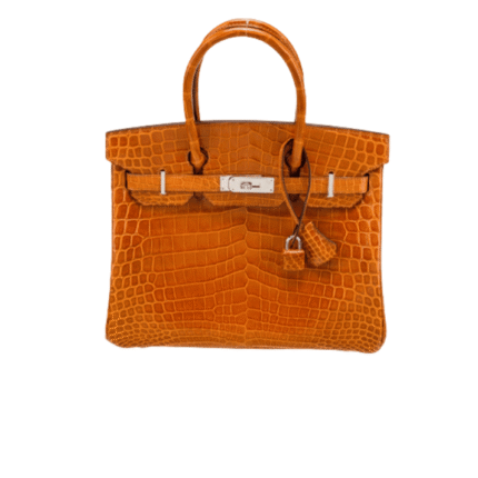 Hermès | Birkin Orange Shiny Porosus Crocodile with silver hardware.